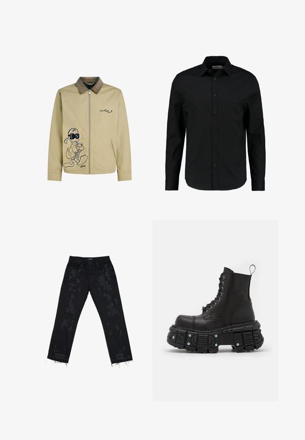 Lichtbeige jas met een corduroy kraag, voorzien van een geborduurd zwart cartoonfiguur op de voorkant en een ritsclosure.; Zwarte lange mouw shirt gemaakt van een gladde stof, heeft een knoopsluiting aan de voorkant, een spitse kraag en een getailleerde pasvorm met een gebogen zoom.; Zwarte denim jeans met versleten vlekken, een ontspannen pasvorm, rafelige zoom en een standaard vijf-pocket ontwerp. De stof lijkt duurzaam en gestructureerd.; Zwarte leren gevechtslaarzen met een hoge schacht, vetersluiting, dikke rubberen zool en metalen accenten op de basis van de zool.