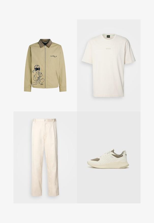 Svetlo béžová bunda s kordovou golierom, na prednej strane s výšivkou čierneho kresleného charakteru a so zipsom.; BOSS TEE - Základné tričko - open white; Béžové bavlnené nohavice so strihom rovného nohu, s gombíkovým zapínaním a záhybmi vpredu pre pridanie detailu.; Biele a svetlo béžové športové tenisky s hornou časťou z mriežkového materiálu, perforovanými detailmi a textúrovanou medzipodrážkou s logom na päte.