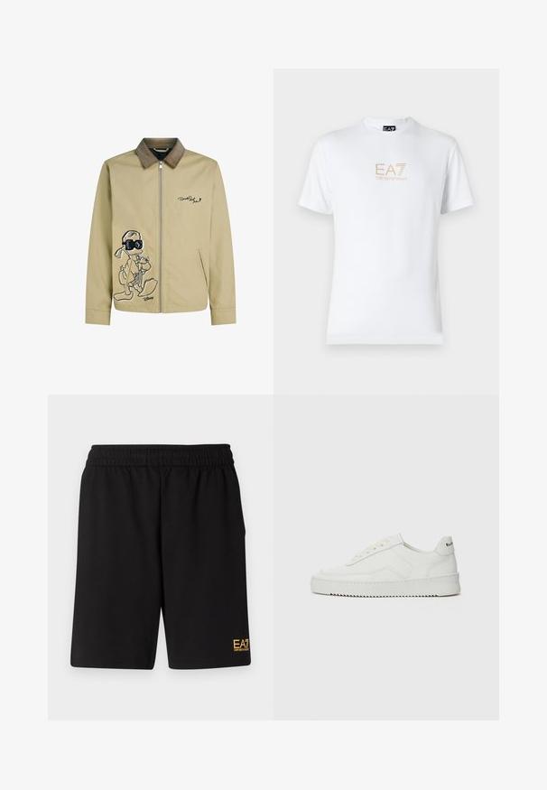 Lichtbeige jas met een corduroy kraag, voorzien van een geborduurd zwart cartoonfiguur op de voorkant en een ritsclosure.; Witte katoenen t-shirt met een ronde halslijn en korte mouwen, voorzien van een gouden EA7 Emporio Armani-logo op de voorkant.; Zwarte sportshorts van zacht materiaal, met een elastische tailleband en een klein geel EA7-logo op de onderste linkeronderbroek.; Witte leren sneaker met een gladde afwerking, ronde neus, platte veters en een gestructureerde zool. Kenmerkt zich door een subtiel logo op de hiel.