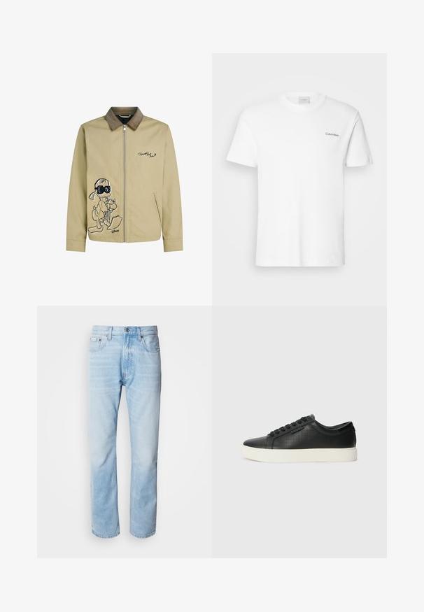 Šviesiai smėlinis švarkas su pomociniu kordūrovos apykakle, turintis juodą paveikslėlį su animaciniu personažu siuvinėtą priekyje ir užtrauktuku.; Balta medvilnės marškinėliai su trumpomis rankovėmis ir apvaliu kaklu. Priekyje, kairiajame krūtinės šone, yra mažas juodas "Calvin Klein" logotipas.; Šviesiai mėlyni džinsai su tiesiomis kojomis, puošti išblukusių vietų, penkių kišenių dizainu ir klasikiniu mygtukų užsegimu.; Juodi odiniai sportbačiai su perforuotu paviršiumi, apvaliu pirštu ir plokščiu baltu guminiu padu. Yra juodos raišteliai ir subtili logotipo detalė šone.