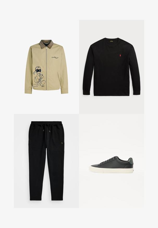 Giacca beige chiaro con colletto in corduroy, caratterizzata da un ricamo di un personaggio dei cartoni animati nero sul davanti e una chiusura con zip.; T-shirt nero a maniche lunghe in cotone. Presenta un collo tondo, polsini a coste e un piccolo logo rosso ricamato sul petto. Texture liscia.; Polo Ralph Lauren DOUBLE-KNIT TRACK PANT - Pantaloni sportivi - black; Sneaker in pelle nera con finitura testurizzata, suola in gomma bianca, punta rotonda e accento verde nel tallone. Design con sei occhielli per allacciatura.