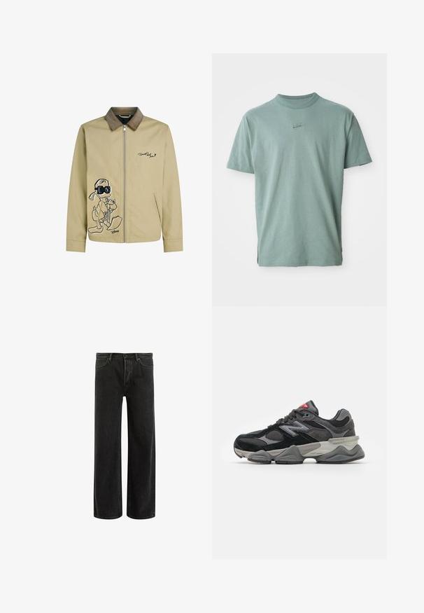 Giacca beige chiaro con colletto in corduroy, caratterizzata da un ricamo di un personaggio dei cartoni animati nero sul davanti e una chiusura con zip.; T-shirt in cotone verde con maniche corte, colletto a girocollo rib ribattuto e logo Nike ricamato sul petto. Tessuto liscio e vestibilità rilassata.; Jeans wide-leg in denim nero con vita alta, caratterizzati da un classico design a cinque tasche e da un leggero sbiadimento per un aspetto testurizzato.; Sneaker nera e grigia con un mix di materiali in suede e mesh, suola spessa, logo prominente e accento rosso sulla linguetta.