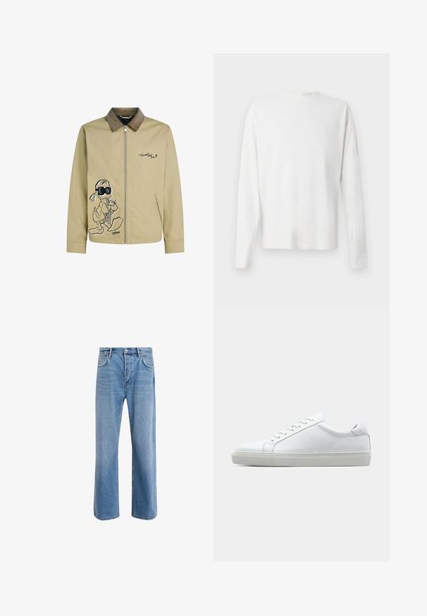 Heledbeez žakk, millel on sametist krae, esiküljel musta multifilmitegelase tikand ja lukuga sulgemine.; Pikad varrukad, valge puuvillane särk ümmarguse kaelusega, külgedel lõhikud all ja sile tekstuur, nähtav tagant.; Heledad sinine teksapüksid otse lõikega, viie taskuga, nupuga sulgemine, minimaalne kulumine ja kontrastsed õmbluse detailid.; Valge tennisetoss, millel on sile nahk pealis ja madal profiil. Omab ümarat ninaosa, kuut silmust ja tekstuuriga kummist talda.