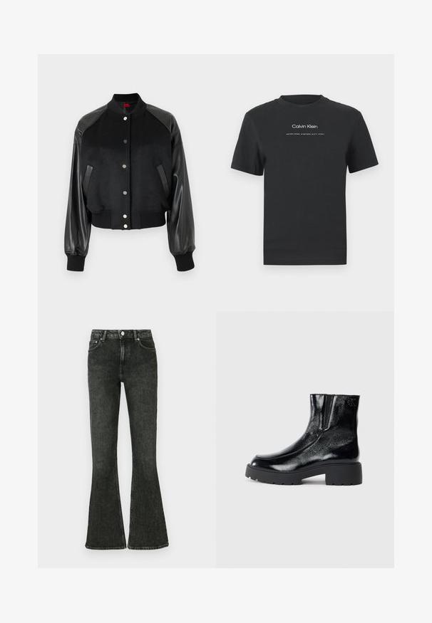 Veste bomber noire avec un corps en laine et des manches en cuir. Manches et ourlet côtelés. Fermeture à boutons-pression. Deux poches latérales pour plus de praticité.; T-shirt en coton noir avec un col rond, des manches courtes, et un logo "Calvin Klein" imprimé en blanc ainsi que le texte "Established 1968".; Jean évasés noirs en denim, avec une taille haute, un design à cinq poches et une fermeture par bouton. La texture est lisse avec un léger effet de décoloration.; Bottines noires avec une finition en cuir verni brillant, semelle en caoutchouc noir épaisse et talon surélevé ; inclut un détail de logo subtil sur le côté.