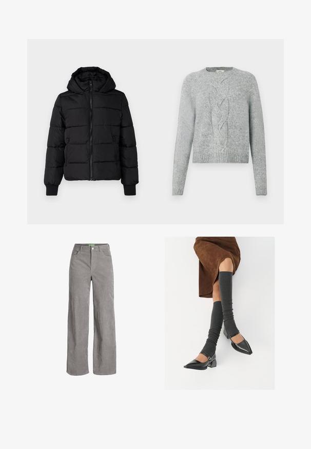 Svart vadderad jacka med huva, dragkedja framtill och elastiska ärmslut. Slät tyg med vadderade sektioner; två sidofickor för förvaring.; Ljust grå stickad tröja med långa ärmar, rundad halsringning och centralt kabelstickat mönster framtill.; Grå kordfløyelsbyxor med vida ben, knappstängning och bältesloopar. Har två sidofickor och ett mjukt, texturerat tyg.; Svarta lackläderskor med spetsig tå, blockklack och ankelrem, i kombination med grå ribbade benvärmare och en brun mockakjol.