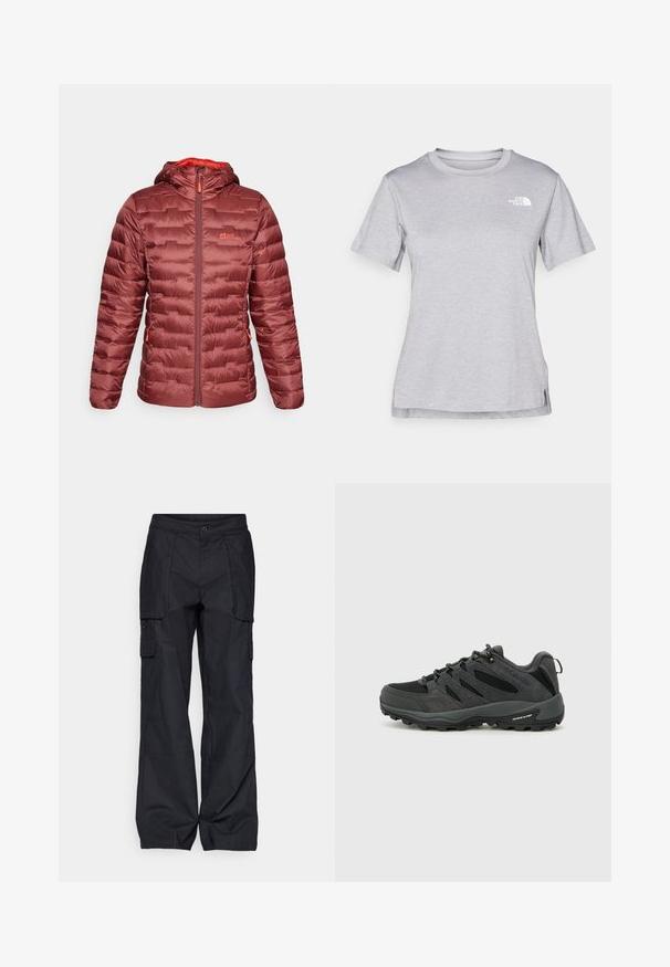 Red insulated puffer jacket with a hood, featuring a full front zipper, horizontal quilted design, and contrasting orange accents.; Grey short-sleeve t-shirt made of soft, moisture-wicking fabric. Features a crew neck and a small white logo on the upper left.; Columbia BREA FALLS™ COTTON RIPSTOP PANT - Outdoor trousers - black; Columbia REDMOND - Hiking shoes - black/citron haze