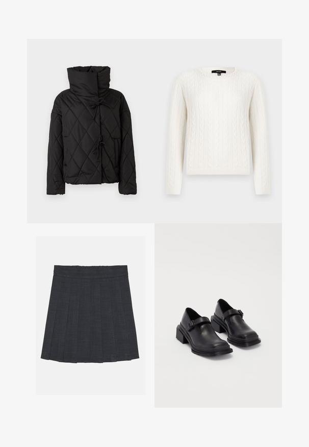 Black quilted puffer jacket with a high collar, featuring drawstring closures and two front pockets. Soft texture and oversized fit.; White cable-knit sweater featuring long sleeves, a round neckline, and a decorative pearl accent at the collar. Soft texture and fitted design.; Dark gray pleated skirt with an elastic waistband, featuring a textured fabric and a classic A-line silhouette. Suitable for casual wear.; Black leather shoes with a rounded toe, flat sole, and a strap with a buckle detail. Chunky block heel for added stability.