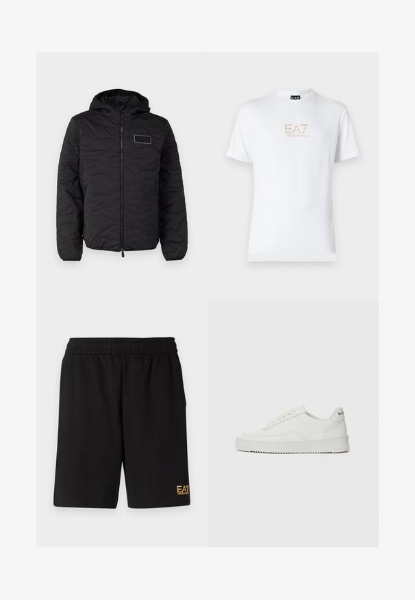 Svart vadderad jacka med huva, utrustad med dragkedja fram och sidofickor. Logotypmärke nära bröstet. Slät textur och lättviktig design.; Vit bomull t-shirt med rund halsringning och korta ärmar, med en guld EA7 Emporio Armani-logotyp tryckt på framsidan.; Svarta träningsshorts i mjukt tyg, med ett elastiskt midjeband och en liten gul EA7-logotyp på nedre vänstra benet.; Vita lädersneakers med en jämn yta, rund tå, platta snörningar och en strukturerad sula. Har en diskret logotyp på hälen.