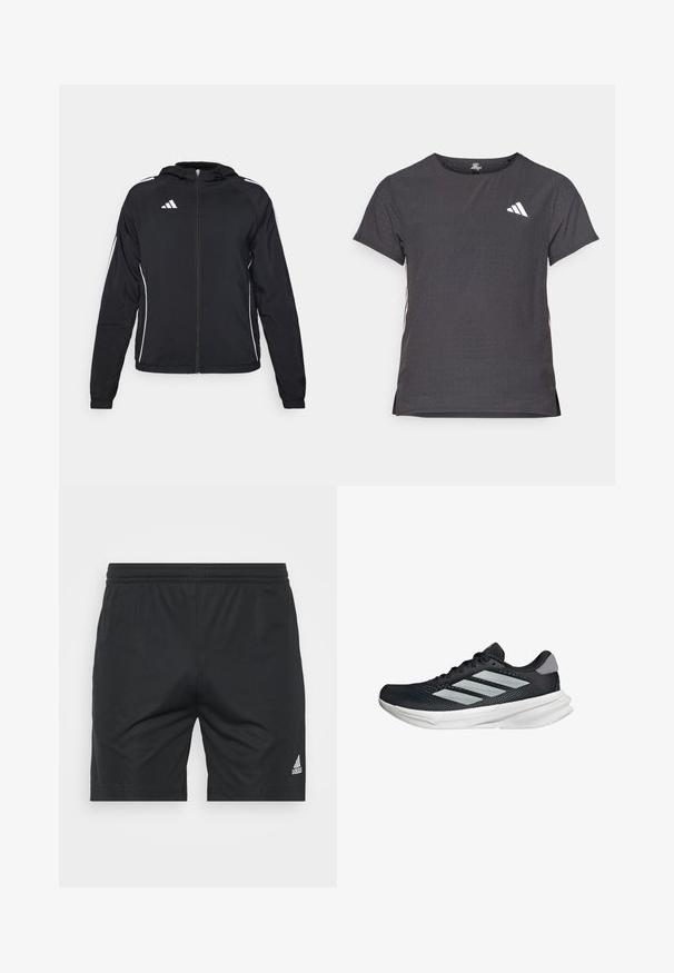 Giacca atletica nera con zip frontale, cappuccio e strisce bianche lungo le maniche. Presenta un logo Adidas sul lato superiore sinistro.; T-shirt atletico a maniche corte, grigio scuro con texture perforata. Presenta un logo bianco e strisce laterali a contrasto. Girocollo.; Pantaloni sportivi neri realizzati in tessuto liscio, con una vita elasticizzata, taglio dritto e un logo Adidas argentato sul lato inferiore destro.; Scarpa da corsa nera con tomaia in mesh, tre strisce argentate, intersuola bianca e suola testurizzata. Presenta un colletto imbottito e chiusura con lacci.