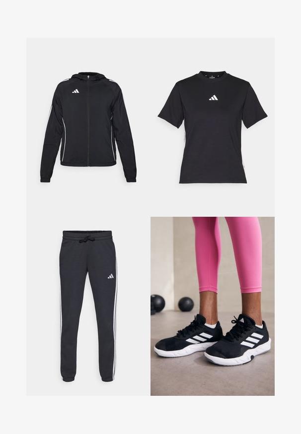 Black athletic jacket with a zip front, hood, and white stripes along the sleeves. Features an Adidas logo on the upper left side.; Black short-sleeve T-shirt made of soft fabric. Features a white Adidas logo and contrasting white stripes along the sides.; Navy track pants made of soft fabric, featuring white side stripes, an adjustable waistband with a drawstring, and a small logo on the left thigh.; Black athletic shoes with white stripes, textured mesh upper, and a white sole. Worn with pink leggings, showcasing training apparel.
