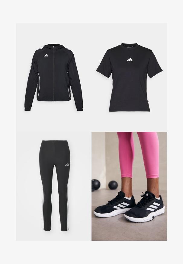 Jachetă sport neagră cu fermoar pe față, glugă și dungi albe pe mâneci. Prezentă logo-ul Adidas în partea superioară stângă.; Tricou negru cu mâneci scurte, fabricat dintr-un material moale. Prezintă un logo Adidas alb și dungi albe contrastante pe laturi.; Leggings negre din material elastic, cu dungi laterale albe și un mic logo reflectorizant în partea stângă sus.; Adidași negri cu dungi albe, suprafață din plasă texturată și talpă albă. Purtați cu colanți roz, evidențiind îmbrăcămintea sport.