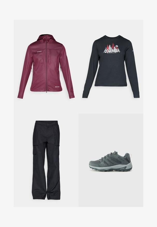 Casaco feminino de softshell em cor bordô, com capuz, fecho frontal completo, bolsos laterais com fecho éclair e logótipos da Mammut e Windstopper.; Camisa de mangas longas cinza escuro com um gráfico de árvores vermelhas e montanhas; logótipo "COLUMBIA" em texto branco em negrito. Tecido suave, cuello redondo padrão.; Columbia BREA FALLS™ COTTON RIPSTOP PANT - Calças para exterior - black; Sapatos de caminhada cinza escuro com parte superior em malha e camurça, design de atacadores, sola amortecida e sola robusta com padrão de aderência.