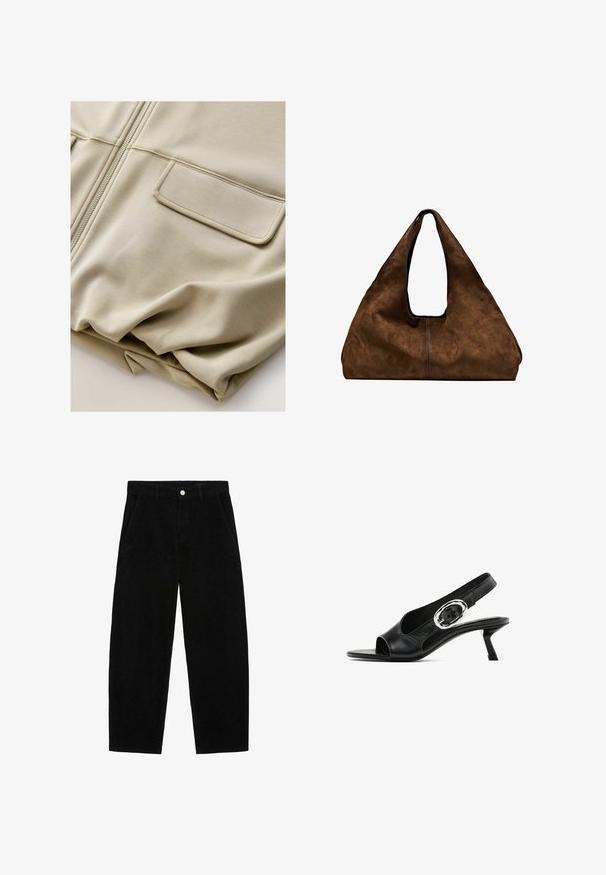 Beige ritsjack met een gladde textuur, twee voorzakken en subtiele stikdetails, met een ontspannen pasvorm en lichtgewicht materiaal.; Massimo Dutti FLOWING DOUBLE FABRIC GARMENT - Top - white; Zwarte corduroy broek met een wijd-pijp ontwerp, met zijzakken en een knoopsluiting aan de voorkant. De textuur is ribbelig, wat zorgt voor een zachte aanraking.; Zwarte leren slingback schoenen met een open teen, voorzien van een zilveren ovale gesp op de band en een slanke kittenhak. Glad textuur.; Bruine suède schoudertas met een open bovenkant. Heeft een diepe, brede vorm, een uitsnijdend handvat en een minimale stiksels voor een strak ontwerp.