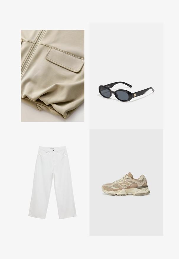 Vaaleanbeige vetoketjullinen takki, jossa on sileä pinta, kaksi etutaskua ja hienovaraiset ommel-yksityiskohdat. Takissa on rento istuvuus ja kevyt materiaali.; Valkoinen hihaton toppi, jossa on neliskanttinen pääntie, sileä rakenne ja vartalonmyötäinen muoto. Valmistettu kevyestä kankaasta.; Valkoiset leveälahkeiset farkut, joissa on korkea vyötärö. Tämä malli sisältää viisi taskua ja metallisia yksityiskohtia. Kankaan pinta on sileä, ilman näkyviä kuvioita.; Valkoiset urheilukengät, joissa on verkkokangasta ja mokkaa, pyöreä kärki, paksu pohja ja huomattavat heijastavat yksityiskohdat sivuilla.; Mustat ovaalit aurinkolasit tummilla linsseillä, kiiltävä muovikehys, leveät sivut ja pieni kultainen yksityiskohta toisella puolella.