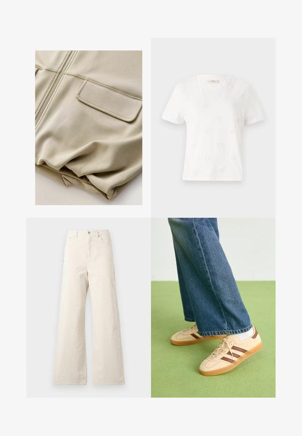 Giacca beige con zip, dal tessuto liscio, dotata di due tasche frontali e delicate impunture, caratterizzata da una vestibilità rilassata e un materiale leggero.; T-shirt bianco in cotone a maniche corte con motivi floreali ricamati. Collo rotondo, vestibilità comoda e texture liscia.; Pantaloni beige a gamba larga in cotone, con chiusura frontale a bottone, tasche laterali e una texture liscia. Design minimalista senza motivi.; Sneakers beige con pannelli texturizzati crema e strisce marroni, abbinati a jeans in denim blu. I jeans hanno un taglio largo e orlo sfilacciato.
