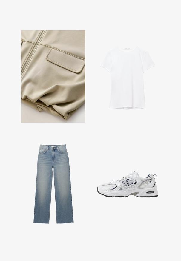 Beige ritsjack met een gladde textuur, twee voorzakken en subtiele stikdetails, met een ontspannen pasvorm en lichtgewicht materiaal.; Witte short-sleeve t-shirt van gladde stof, met een ronde halslijn en subtiele stiksels bij de zoom.; Lichtblauwe wijdleg jeans van denim, met een hoge taille, voorzakken en een knoopsluiting. Soepele textuur met vervaagde gebieden.; Witte sport schoen met mesh bovenkant, marineblauwe accenten en een gehoorzaamde zool. Bevat het "N" logo, veters en een gestructureerde detail aan de zijkant.