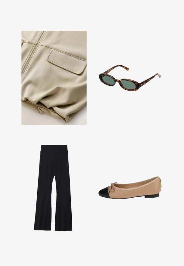 Beige zip-up jacket with a smooth texture, two front pockets, and subtle stitching details, featuring a relaxed fit and lightweight material.; Long-sleeve, crew neck top in cream color made from soft fabric. Features a straight cut and minimalistic design without embellishments.; Black flared yoga pants in stretchy fabric, featuring a wide waistband and a small logo near the hip. Smooth texture, no patterns.; Ballet flat in beige leather with a black cap toe. Features a front bow detail and a smooth texture. Low profile design with a rubber sole.; Tortoiseshell sunglasses with oval frames and green lenses. Features thin arms with a metallic accent near the hinges.; Yellow pleated handbag made of smooth faux leather, featuring a soft shape with a single shoulder strap and gathered top design.