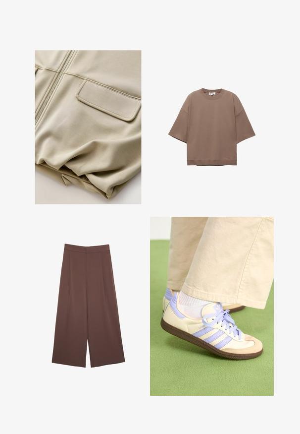 Giacca beige con zip, dal tessuto liscio, dotata di due tasche frontali e delicate impunture, caratterizzata da una vestibilità rilassata e un materiale leggero.; T-shirt marrone oversize, maniche corte, scollatura rotonda, realizzata in morbido cotone, presenta un design semplice e cuciture minime.; Pantaloni ampi marroni con una texture liscia, caratterizzati da una vita alta e pieghe frontali. Il tessuto è leggero e scorre liberamente.; Sneakers crema e lavanda con tre strisce e suola marrone texturizzata, dotati di lacci e tallone imbottito. Parte superiore in tessuto morbido.