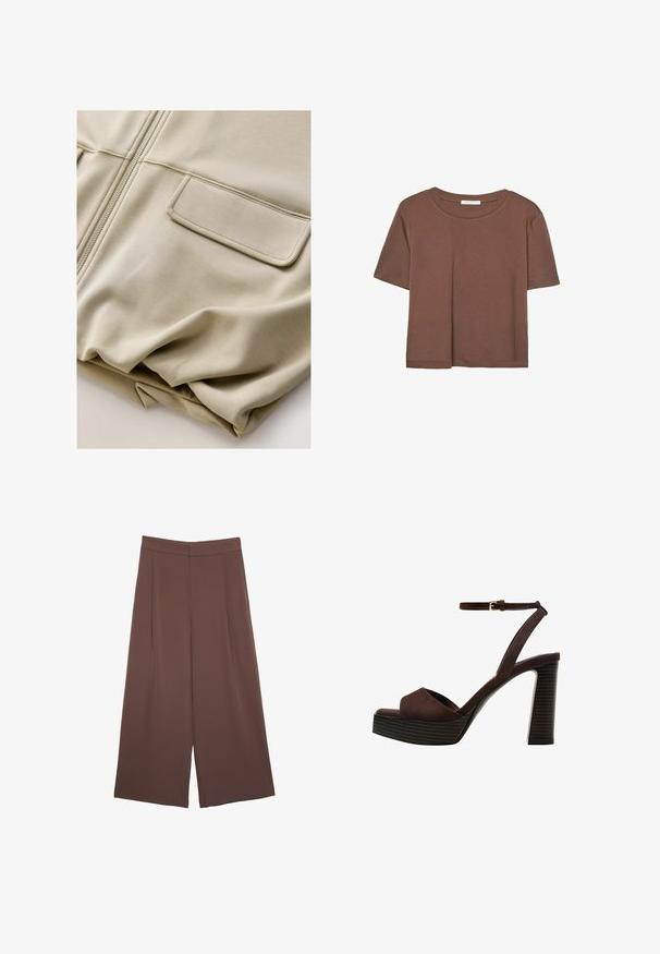 Giacca beige con zip, dal tessuto liscio, dotata di due tasche frontali e delicate impunture, caratterizzata da una vestibilità rilassata e un materiale leggero.; Maglietta a maniche corte marrone realizzata in tessuto morbido, con scollatura rotonda e vestibilità rilassata. Nessun motivo o dettaglio visibile.; Pantaloni ampi marroni con una texture liscia, caratterizzati da una vita alta e pieghe frontali. Il tessuto è leggero e scorre liberamente.; Sandal in camoscio marrone con tacco alto, punta aperta, cinturino alla caviglia regolabile e suola a piattaforma striata.