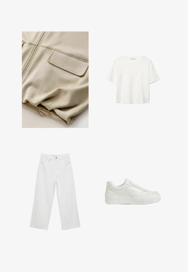 Beige zip-zap jakna z gladko teksturo, dvema sprednjima žepoma in subtilnimi šivi, ki se ponaša s sproščenim krojem in lahkim materialom.; Bela kratka majica s kratkimi rokavi iz bombaža. Ima okroglo izrezovanje in sproščen kroj. Gladka tekstura brez vidnih vzorcev ali poudarkov.; Bele široke hlače iz denima, visoke pasu, z petimi žepi in kovinskimi dodatki. Gladek tekstur, brez vidnih vzorcev.; Bele usnjene superge z gladko teksturo, podloženim gležnjem in perforiranim prstom. Imajo nekoliko dvignjen gumijast podplat in vezalni dizajn.