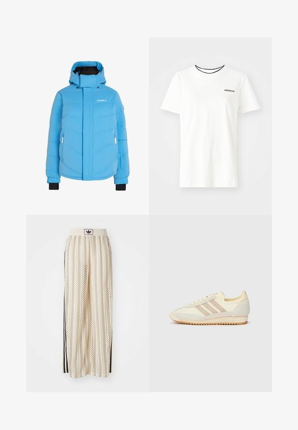 Helehelesse helesin sinine puhvjakott kõrge kraega ja kapuutsiga. Omab lukuga taskuid, elastseid mansette ja sujuvat, tikitud tekstuuri.; Valge puuvillasest t-särgist lühikeste varrukatega ja ümarate kaelustega. Rinnal on must Adidas'i logo ning kontrastne must sisekaelus.; Kreemivärvilised lai säärega püksid, millel on siksakmustrit, must logoga vööp ja külgmised mustad triibud. Kerge, tekstureeritud kangas.; Kreem värvi spordijalats, millel on kolm beeži triipu, sametist ja tekstiilist materjalid, tekstureeritud tallaosa ning reljeefne bränding kandadel.