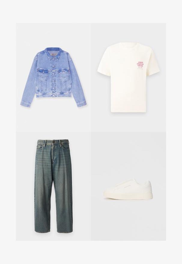 Heleheline teksajakk lühikese lõikega, nööpkinni, kahe rinna tasku ja õmblustega detailidega. Klassikaline krae ja pikad varrukad.; Valge lühikeste varrukatega T-särk, millel on vasakul rinnal punane tekst "Studio Originals Edition", esitatud neutraalsel hallil taustal.; Heledad sinine denim-stiilis teksad, volüümse lõike, keskmise kõrgusega talje ja sirgete säärega. Omab viit taskut, vöökumme ja nööpide sulgemist.; Valged libisemiskindlad tossud tekstuuriga pinnaga, paksu tallaga ja minimalistikus disainis. Küljel on brändi logo.