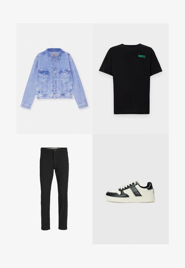 Giacca di jeans azzurro chiaro con design corto, chiusura a bottoni, due tasche sul petto e dettagli cuciti. Collo classico e maniche lunghe.; T-shirt nera in cotone con maniche corte. Presenta un logo verde "ROOTS" sulla parte frontale, colletto rotondo e vestibilità standard.; Pantaloni neri in cotone misto con vestibilità slim, dotati di chiusura con bottone, tasche e orli arrotolati per un look informale.; Sneakers in pelle con una combinazione di colori nero e crema, dotati di dettagli perforati, collare imbottito e suola testurizzata.