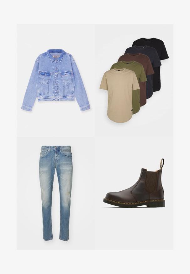 Vaaleansiniinen farkkutakki, jossa on leikattu muotoilu, napitus, kaksi rintataskua ja ommellut yksityiskohdat. Klassinen kaulus ja pitkät hihat.; Viisi t-paitaa järjestettynä gradienttiväreissä: beige, oliivi, ruskea, tummansininen ja musta. Valmistettu pehmeästä puuvillasta, lyhyillä hihoilla ja pyöreällä kauluksella.; Vaaleansiniset farkut, joissa on haalistunut viimeistely, hienovaraisia kulutuksia polvissa, suoran lahkeen muotoilu, viisi taskua ja metallinen nappikiinnitys.; Ruskean nahkainen Chelsea-kengä, jossa on elastiset sivupaneelit, teksturoitu korko ja kontrastivärinen keltainen tikkaus. Varustettu vetoketjulla helppoa pukemista varten.