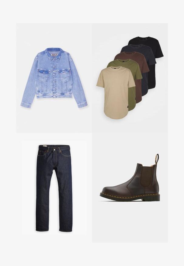 Šviesiai mėlynas džinsinis švarkas su sutrumpintu dizainu, kniedžių uždarymu, dviem krūtinės kišenėmis ir siuvinėjimo detalėmis. Klasikinis apykaklė ir ilgomis rankovėmis.; Penki marškiniai su trumpomis rankovėmis ir apykakle, išdėstyti gradientine spalvų seka: smėlinė, alyvinė, ruda, tamsiai mėlyna ir juoda. Pagaminti iš minkštos medvilnės.; Tamsiai mėlynos džinsinės kelnės su tiesiomis kojomis, oranžinėmis siūlėmis ir penkių kišenių dizainu, uždaromos metaliniu mygtuku.; Rudi odiniai Chelsea batai su elastinėmis šoninėmis panelėmis, tekstūruota kulno dalimi ir kontrastingomis geltonomis siūlėmis. Yra patogu dėvėti dėl užtrauktuko.