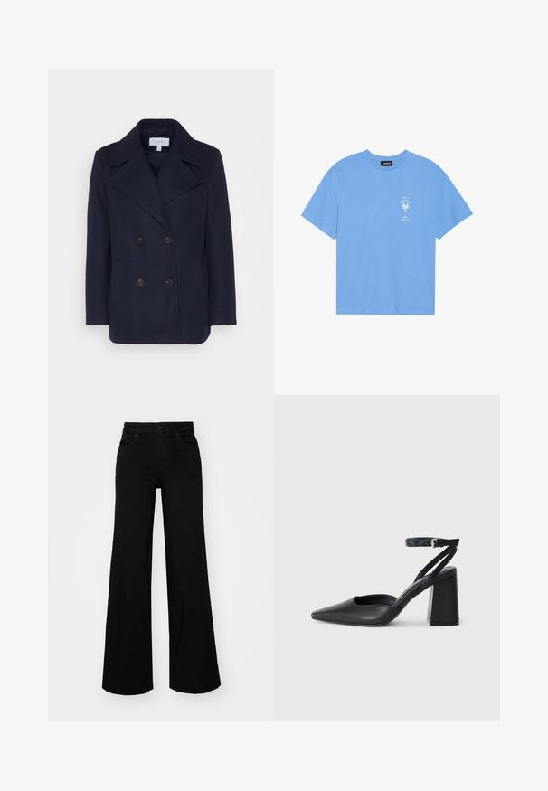 Casaco duplo em lã marinha, com largas lapelas de pico, dois bolsos frontais e botões pretos. Textura suave, ajuste estruturado.; T-shirt de algodão azul claro com decote redondo. Apresenta uma gráfica branca de uma palmeira e texto na área do peito esquerdo. Mangas curtas.; Calças largas pretas em denim, com uma cintura estruturada, passantes para cinto e bolsos frontais. Textura suave com um design clássico.; Sandal com biqueira afilada em couro preto, com cinta no tornozelo e salto grosso. Textura lisa, design elegante e estética minimalista.