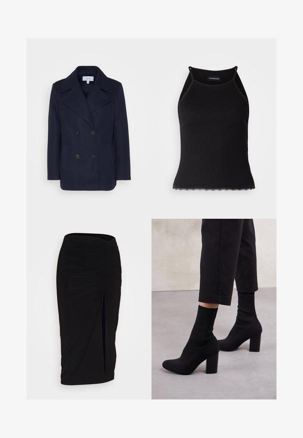 Mornarska volna dvojna jakna z velikimi izrezanimi reverji, dvema sprednjima žepoma in črnimi gumbi. Gladka površina, stroga prilegajoča se oblika.; Črn rebrast top brez rokavov z valovitimi čipkastimi robovi na dnu. Ima tanke naramnice in oprijet kroj. Narejen je iz raztegljivega materiala.; Črna, nabrana svinčnik krilo z detajlom v obliki traku in stranskim razporkom. Narejeno iz raztegljive tkanine, ki se ponaša z gladko teksturo in oblikovanjem, ki se prilega telesu.; Črne gležnjarje z visokimi petami in rebrastim zgornjim delom, gladko površino, okroglo konico in blok peto za stabilnost.