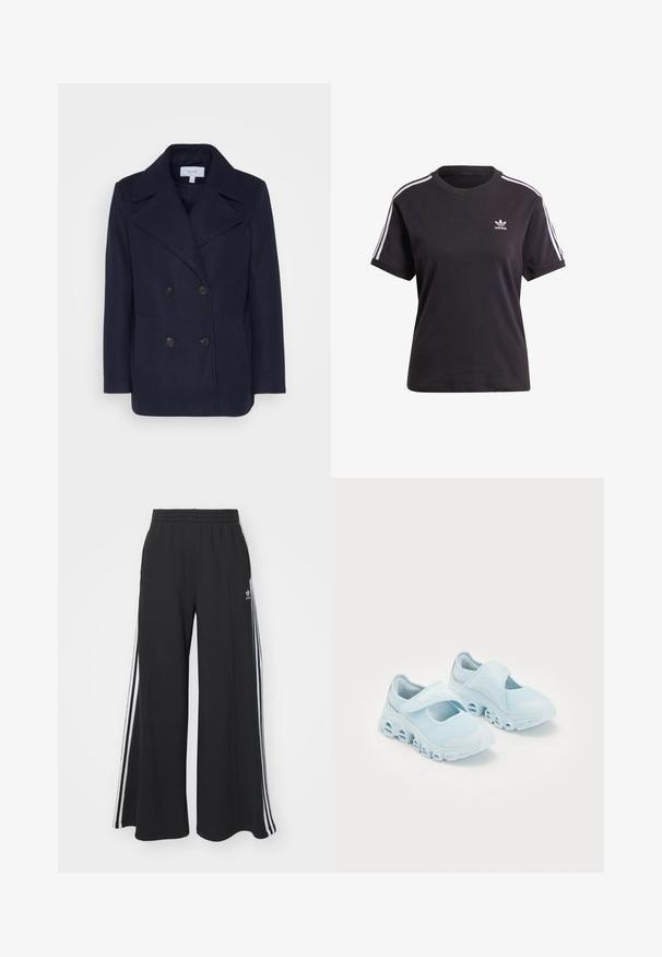 Jūrinės vilnos dvigubo breasted paltas su dideliais iškirptais atlapais, dviem priekinėmis kišenėmis ir juodais mygtukais. Lygus paviršius, struktūrizuotas kirpimas.; Juodas medvilninis trumpa rankovėmis marškinėliai su apvalia iškirpte, su baltais dryžiais ant pečių ir maža balta Adidas logo ant krūtinės.; Juodos plačios kojų džinsinės kelnės su elastingu juosmeniu, turinčios baltas šonines juosteles ir išsiuvinėtą logotipą kairiajame šlaunyje.; Šviesiai mėlyni sportbačiai su tinklelio audiniu, akcentuotais įpjovimais pado dalyje ir Velcro dirželiu viršuje, užtikrinančiu saugų prigludimą.