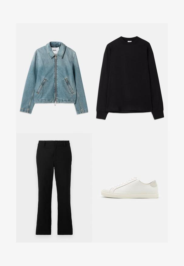 Vaaleansininen farkkutakki, jossa on vetoketjukiinnitys edessä, terävä kaulus ja kaksi vetoketjullista taskua. Ominaisuuksiin kuuluvat ommellut yksityiskohdat ja lyhyt malli.; Musta pitkähihainen t-paita pehmeästä puuvillasta. Ominaisuuksiin kuuluu pyöreä pääntie, löysä istuvuus ja ribbaustaskut. Ei näkyviä kuvioita tai logoja.; Mustat levenevät housut, jotka on valmistettu puuvillasekoitekankaasta. Housuissa on nappikiinnitys, vyölenkit ja sileä rakenne ilman näkyviä kuvioita.; Valkoinen nahkakengät, joissa on sileä pinta, pyöreä kärki ja minimalistiinen muotoilu. Varressa beige-yksityiskohtia ja kumipohja.