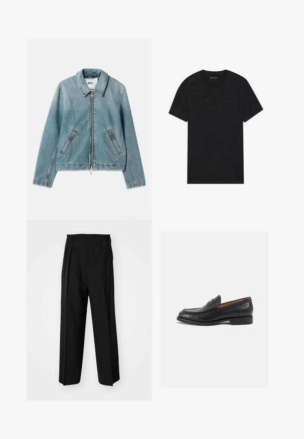 Light blue denim jacket with a zip front, pointed collar, and two zippered pockets. Features stitched accents and a cropped design.; Black cotton t-shirt with short sleeves and a round neckline. The fabric has a smooth texture and a simple, solid design.; Black pleated trousers with a straight, wide-leg design. Made from smooth fabric, featuring a button closure and belt loops.; Black leather loafers with a smooth finish, rounded toe, and decorative stitching on the vamp. Low stacked heel and slight shine.