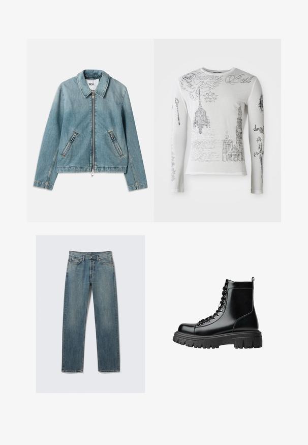 Vaaleansininen farkkutakki, jossa on vetoketjukiinnitys edessä, terävä kaulus ja kaksi vetoketjullista taskua. Ominaisuuksiin kuuluvat ommellut yksityiskohdat ja lyhyt malli.; Valkoinen pitkähihaisessa paidassa on mustat viivoitukset goottiarkkitehtuurista, chandelierista, kyyhkysestä, kynttilöistä, miekasta ja kursiivilla kirjoitetusta "Heavens Best" -tekstistä.; Sinisiä suoria farkkuja, joissa on etutaskut ja kolikkotasku, vyölenkit ja metallinen napp closures tasaisella taustalla.; Mustat nahkaiset nilkkurit, joissa on paksu pohja, pyöreä kärki ja edessä nauhat. Varustettu takana olevalla lenkillä ja sileällä pinnalla.