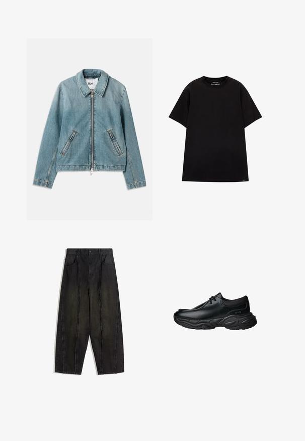 Lichtblauwe spijkerjack met een ritssluitingen aan de voorkant, puntige kraag en twee ritszakken. Voorzien van gestikte accenten en een cropped ontwerp.; PULL&BEAR JOIN LIFE - T-shirt basic - black; Zwarte denim broek met wijde pijpen, zichtbare naden en rafelige randen, met twee voorkozyekken en een hoge taille.; Zwarte leren instapschoenen met een ronde neus en een dikke, gestructureerde rubberen zool. Bevat subtiele stiksels en elastische accenten bij de kraag.