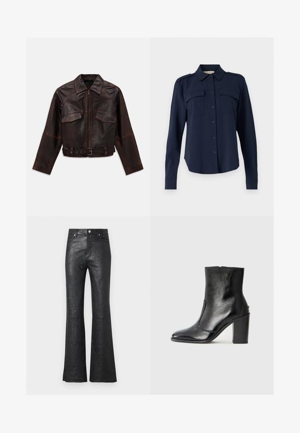 Temno rjava usnjena jakna z sprednjim zadrgo, dvema žepoma s poklopcem na prsih, dolgimi rokavi in nastavljivim pasom s sponko.; Mornarno modra srajca s gumbi, izdelana iz mehkega materiala. Ima dve žepoma na prsih, ramenske epaulety in dolge rokave z gumbastimi manšeti.; Črne usnjene hlače s širokimi nogavicami, ki se ponašajo z gubano teksturo, visokim pasom, sprednjimi žepi in klasičnim gumbom za zapiranje z zadrgo.; Črne usnjene gležnarske čevlje z gladko teksturo, koničastim nosom in debelim visokim petam. Imajo stransko odprtino in minimalističen dizajn.