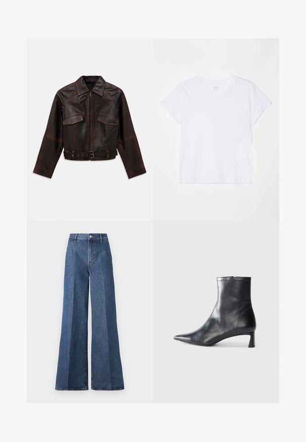 Jachetă din piele maro închis cu fermoar frontal, două buzunare cu clapă pe piept, mâneci lungi și o curea ajustabilă cu cataramă la talie.; FRAME BABY TEE - Tricou basic - white; Blugi din denim albastru, cu talie înaltă, cu picioare largi, având un stil clasic cu cinci buzunare și închidere cu buton, fabricați dintr-un material de bumbac texturat.; Cizmă de gleznă din piele neagră cu vârf ascuțit și un design elegant. Dispune de un toc mic și de o închidere cu fermoar la spate. Textură netedă.