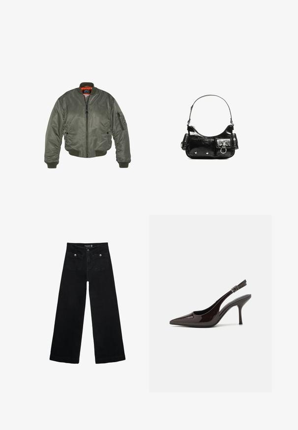 Giacca bomber verde oliva, in materiale nylon, colletto e polsi a costine, chiusura con zip, tasche frontali e una vivace fodera arancione.; Maglione lavorato a maglia verde oliva con collo rotondo, maniche lunghe e orlo a coste. Presenta un design cropped con una finitura morbida e testurizzata.; Jeans neri a gamba larga con vita alta, dotati di due tasche frontali e dettagli in metallo sui bottoni. Il tessuto ha una texture liscia.; Scarpa con tacco alto tipo slingback in pelle verniciata marrone scuro lucido, punta affusolata, lati aperti e cinturino alla caviglia regolabile.; Borsa a spalla in vernice nera con forma curvata, una tracolla, tasche frontali e dettagli in metallo argentato.