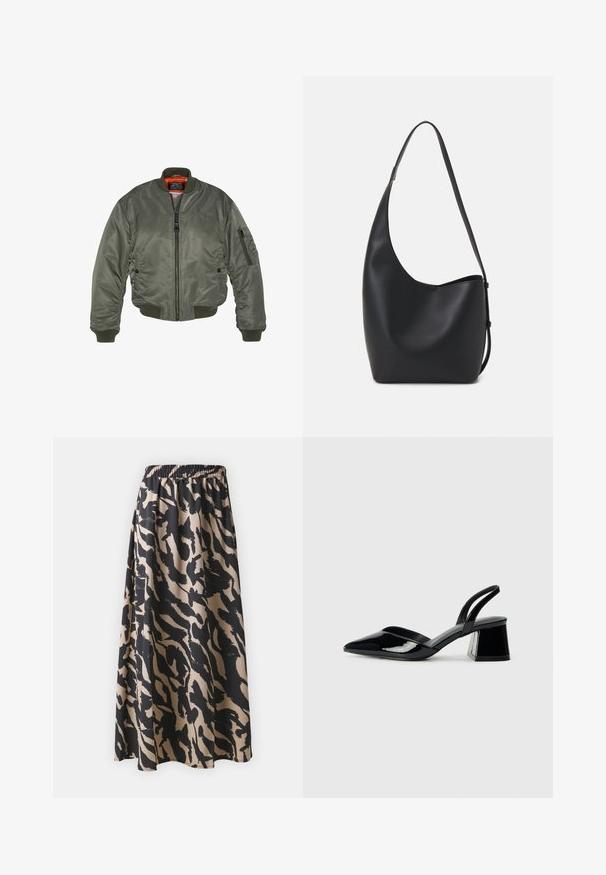 Bomberka w kolorze oliwkowym, wykonana z nylonu, z prążkowanym kołnierzem i mankietami, zamek błyskawiczny, kieszenie z przodu oraz intensywna pomarańczowa podszewka.; Czarna bawełniana koszulka z wysokim dekoltem, krótkimi rękawami w fasonie nietoperza oraz luźnym, prostokątnym krojem. Gładka faktura i zaokrąglony dół.; Czarna i beżowa długa spódnica z elastycznym paskiem, z abstrakcyjnym wzorem zwierzęcym i swobodną sylwetką.; Czarne lakierowane półbuty na obcasie z wydłużonym noskiem i geometrycznym słupkiem. Charakteryzują się eleganckim, minimalistycznym designem oraz gładką fakturą.; Czarna skórzana torba hobo o gładkiej fakturze, zaokrąglonym kształcie i pojedynczym, regulowanym pasku; posiada szerokie otwarcie na górze.