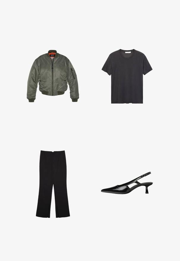 Olivgrüne Bomberjacke aus Nylonmaterial, mit geripptem Kragen und Bündchen, Reißverschluss, Fronttaschen und einem auffälligen orangen Futter.; Schwarzes Rundhals-T-Shirt aus weicher Baumwolle. Kurze Ärmel, lockere Passform und gerader Saum ohne Verzierungen oder Muster.; Schwarze Hose mit geradem Schnitt, ausgestattet mit Fronttaschen und Seitenschlitzen am Saum. Hergestellt aus weichem, glattem Stoff. Geeignet für verschiedene Anlässe.; Schwarze Lackleder-Slingback-High Heels mit spitzer Zehenform, ausgeschnittenem Seitendesign und kleinem Blockabsatz. Glatte Textur mit minimalen Akzenten.