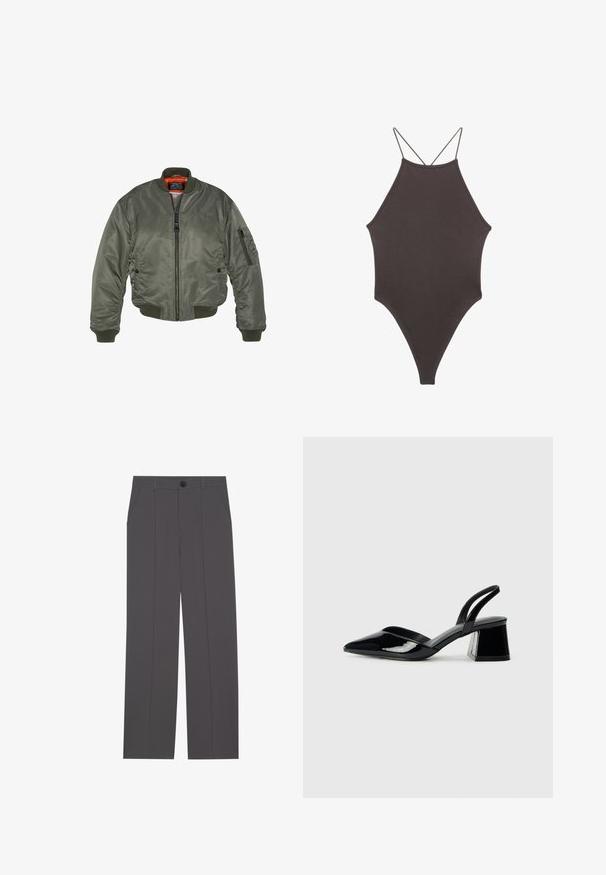 Oliven grøn bomberjakke, nylonmateriale, ribbet krave og manchetter, lynlåslukning, forlommer og en markant orange foring.; Brun højhalset heldragt badedragt med tynde, justerbare stropper; har højt skåret ben og glat tekstur. Ingen mønstre eller udsmykninger.; Grå bukser med lige ben design, der har to side lommer og en knaplukning. Glat stof uden synlige mønstre eller detaljer.; Sorte patentlæder slingback hæle med spids tå og en geometrisk blok hæl. Har et elegant, minimalistisk design og en glat tekstur.