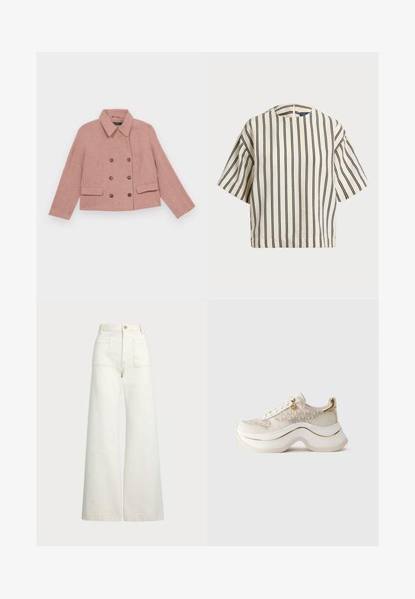 Roza dvoredna jakna iz teksturirane tkanine, ki ima ovratnik, dve sprednji žepki in rjave gumbe kot dodatke.; Kratek rokav, prugast top v kremni in mornarsko modri barvi, z okroglim izrezom in kvadratnim dizajnom ter teksturirano tkanino.; Široke jeans hlače v off-white denim tkanini. Visok pas z gumbnim zapiranjem, dvema sprednjima žepoma in detajli kontrastnega šivanja.; Bež in zlati platformni športni copat z vzorcem "MK", zvezanjem spredaj, zlatim obeskom in debelim valovitým podplatom na enobarvnem ozadju.