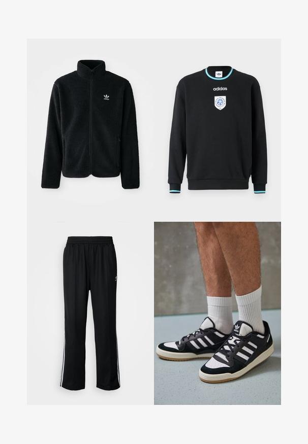 Black fleece jacket with high collar, zip front, and front pockets. Features textured fabric and small white logo on left chest.; Black sweatshirt with long sleeves, crew neckline, and blue accents on cuffs. Features an embroidered logo on chest. Made of soft fabric.; Black athletic pants with an elastic waistband, featuring white side stripes and a small logo. Material appears soft and lightweight.; Black and white sneakers with a suede and leather upper, featuring three white stripes, a perforated toe, and a gum rubber sole.