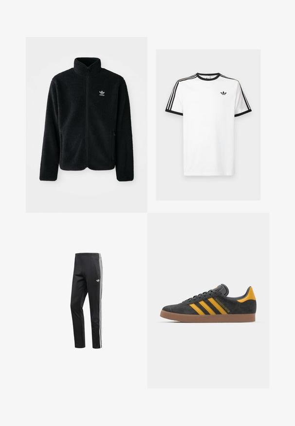 Svart fleecejakke med høy krage, glidelås foran og frontlommer. Har strukturert stoff og liten hvit logo på venstre bryst.; Hvit bomulls T-skjorte med svart ribbestrikket halslinning og ermer, med tre svarte striper på hver skulder og en liten logo på brystet.; Svarte treningbukser med hvit tre-stripes aksent på sidene, elastisk midjebånd og en liten logo nær hoften. Glatt stofftekstur.; Sort skinnesko i svart semsket skinn med gule detaljer, med tre striper og en brun gummisåle. Inkluderer en polstret tunge for komfort.