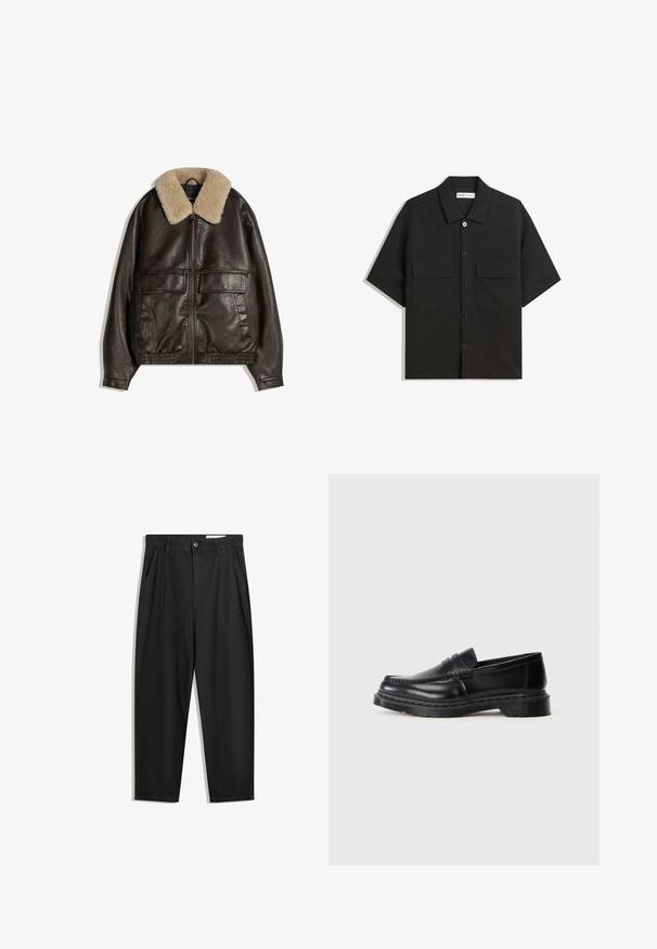 Giacca in pelle marrone con colletto in shearling beige, chiusura con zip, due grandi tasche anteriori e orlo e polsini elasticizzati.; Camicetta nera a maniche corte realizzata in tessuto con una trama liscia, presenta due tasche frontali, un colletto classico e chiusura con bottoni.; Pantaloni in cotone neri con una vestibilità rilassata, dotati di una vita classica, pieghe frontali e tasche laterali. Tessuto liscio senza fantasie.; Mocassino da uomo in pelle nera con suola spessa e cucitura a moc toe, presentato in profilo su sfondo bianco.