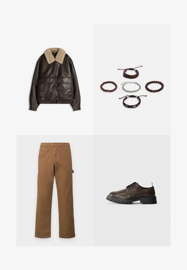 Hnědá kožená bunda s béžovým ovčím límcem, zapínáním na zip, dvěma velkými předními kapsami a elastickým lemem a manžetami.; Navy modrá tričko s kulatým výstřihem vyrobené z jemné bavlněné směsi, s krátkými rukávy a regular fit. Žádné viditelné vzory ani akcenty.; Hnědé bavlněné cargo kalhoty se rovnými nohavicemi, které mají boční kapsy a kovové zapínání v pase. Hladký povrch a ležérní design.; Hnědé kožené derby boty s kulatou špičkou, černou robustní podrážkou a šněrovacím designem. Vyznačují se jemným prošíváním a zadním poutkem.; Sada pěti náramků obsahující hnědou kůži, dřevěné korálky a stříbrný řetěz; různorodé textury a tvary, s nastavitelnými uzávěry.