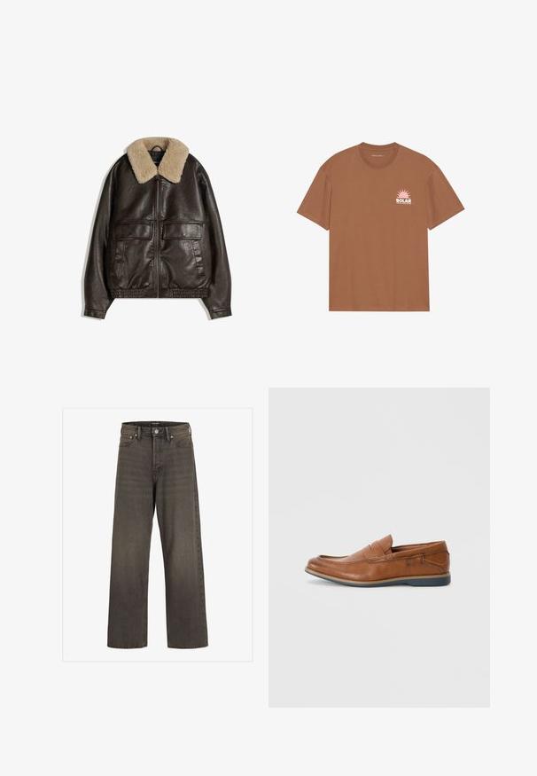Rjava usnjena bunda s bež ovčjim ovratnikom, zadrgo, dvema velikima sprednjima žepoma ter elastičnim robom in manšetami.; Bela kratka majica zavezana iz bombaža, ki ima na levem prsnem delu rožnato sončno grafiko in napis "SOLAR". Oblika s krožnim vratom.; Široke hlače iz temno sive denim tkanine, s wysokim pasom, klasičnim pet-pocket dizajnom in kontrastnim šivom ob šivih.; Rjavi usnjeni loafers s okroglo konico, šivi na površini in nizkim gumijastim podplatom. Oblikovanje vključuje pas čez zgornji del.