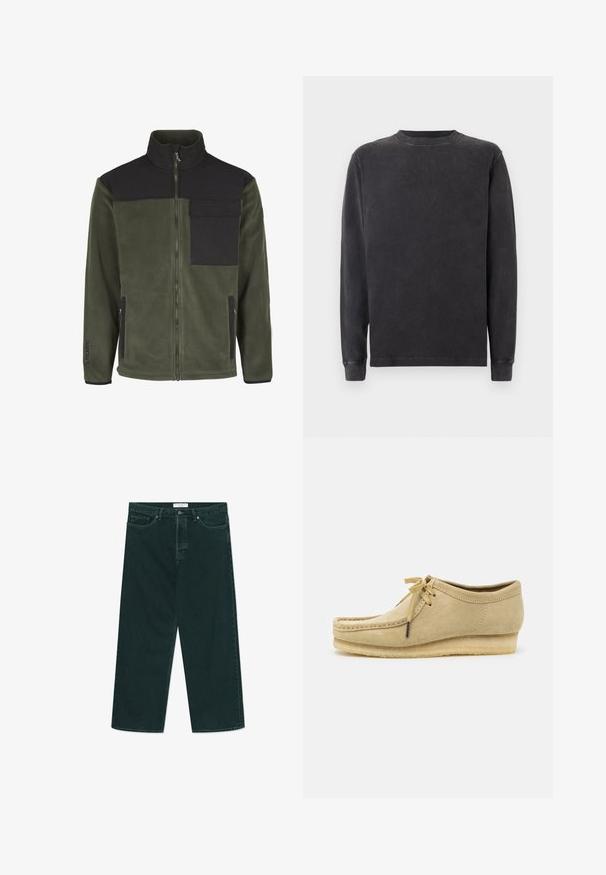 Fleecejacke in Dunkelgrün mit schwarzem oberen Abschnitt, hohem Kragen, durchgehendem Reißverschluss, seitlichen Taschen und einem Logo auf dem linken Ärmel.; Langärmliger Rundhalsausschnitt-Sweatshirt in Dunkelgrau, hergestellt aus einem weichen Baumwollmix. Verfügt über gerippte Bündchen und einen Halsausschnitt mit einer glatten, leicht strukturierten Oberfläche.; Dunkelgrüne weit geschnittene Jeans aus Denim mit Knopf- und Reißverschluss, Fronttaschen und Gürtelschlaufen, flach auf einem weißen Hintergrund ausgelegt.; Beige Wildlederschuh mit Schnürdesign, gestickten Details und Gummisohle. Die Form ist lässig mit einem leichten Keilabsatz.