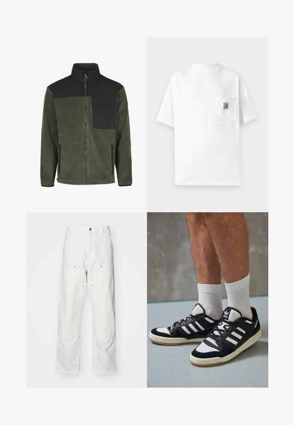 Fleecejack in donkergroen met een zwarte bovenkant, hoge kraag, volledige rits, zijzakken en een logo op de linkermouw.; Witte katoenen T-shirt met een ronde hals, korte mouwen en een borstzak met een logo-patch. Minimalistisch ontwerp en naadloze textuur.; Witte katoenen cargobroeken met een relaxte pasvorm. Kenmerken zijn onder andere voorzakken, gouden hardware accenten en versterkte kniezones.; Zwart-witte sneakers met een bovenwerk van suede en leer, voorzien van drie witte strepen, een geperforeerde neus en een rubberen gumzool.